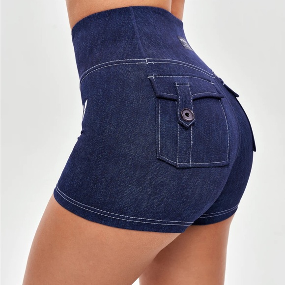 Firmabs High Waist Denim Blue Gym Athletic Workout Cargo Shorts - Picture 7 of 9